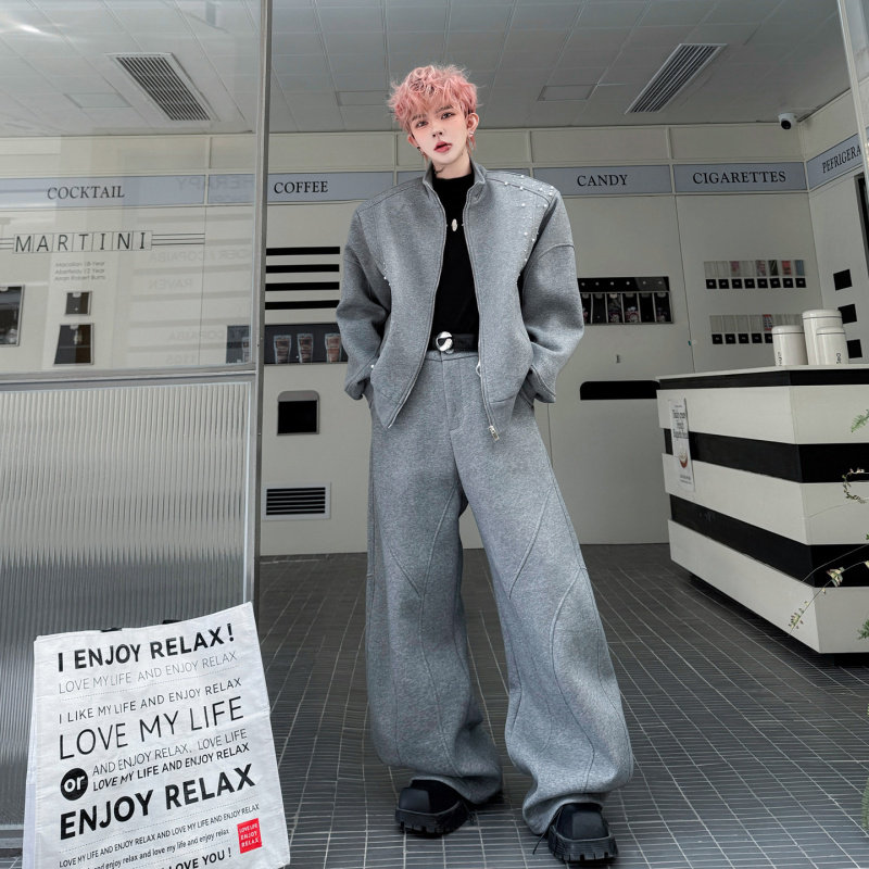 2026春装高级感前后钉珠设计开衫卫衣套装男重磅休闲阔腿长裤一套,男装,休闲运动套装,淘宝优惠券,粉丝福利购,淘宝优惠卷