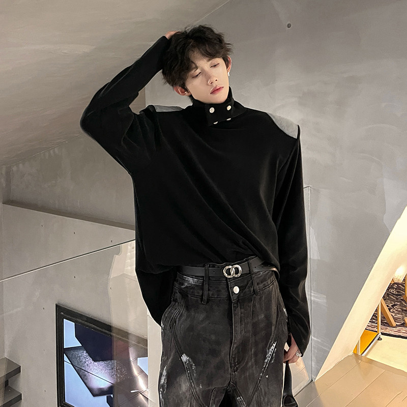 秋冬款垫肩撞色金属纽扣设计打底衫男痞帅小众网红高领T恤长袖t潮