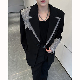 2026春季蕾丝拼接设计感垫肩西装外套男模穿搭上衣痞帅高级感西服