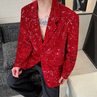 2025春装时尚气质红色亮片丝绒翻领西服外套男高级感演出舞台西装