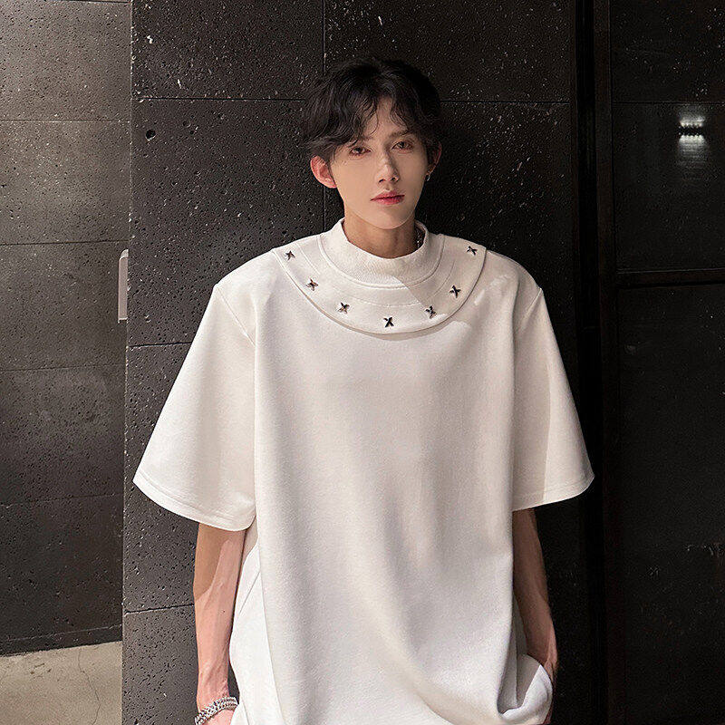 夏季网红320g重磅垫肩双层半圆领弧形重金属短袖T恤男小领口宽松