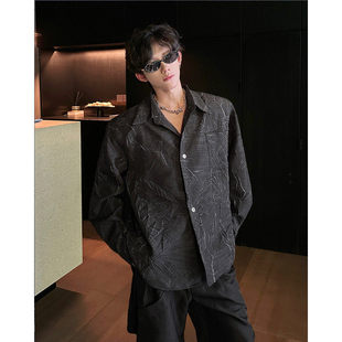小众肌理感黑色裂纹垫肩暗黑系压皱衬衫男长袖高级感痞帅廓形衬衣