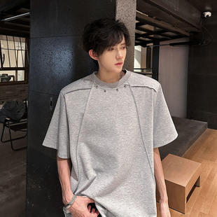 夏季小众结构柳钉设计垫肩短袖宽松T恤男cleanfit灰色重磅半袖t恤