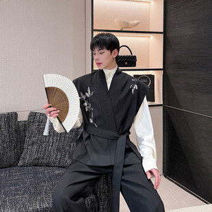 秋装新中式刺绣腰带开衫马甲男亮片设计感坎肩上衣高级感痞帅背心