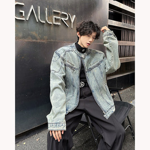 美式高街短款牛仔外套男秋冬高级感痞帅潮牌垫肩立领牛仔衣夹克潮