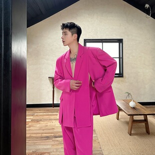 秋季时髦简约休闲个性开衩设计西服外套男套装时尚直筒长裤两件套