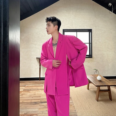 秋季时髦简约休闲个性开衩设计西服外套男套装时尚直筒长裤两件套