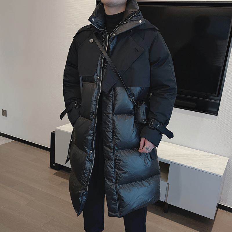 冬装拼接设计羽绒棉服男士外套长款过膝宽松加厚小众棉衣棉袄外套