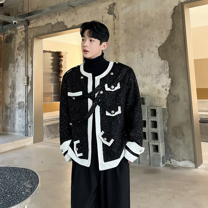 틈새 흑백 대비 색상 구조 디자인 칼라가 없는 작은 향기 재킷 남성 스타일의 고급 스팽글 모직 양복
