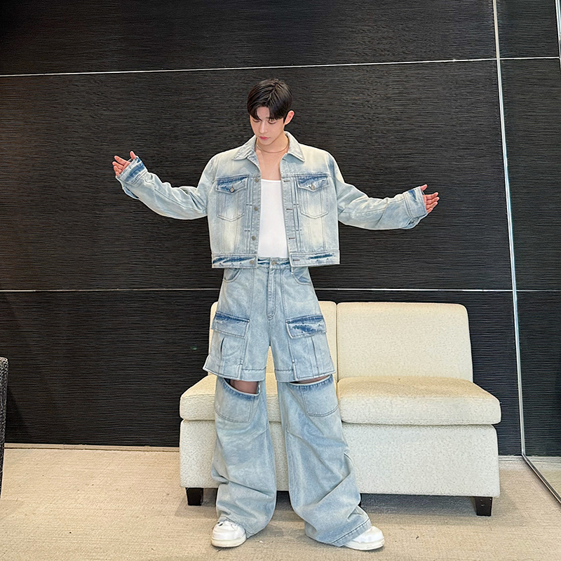 秋装设计重工立裁水洗立体口袋可拆卸牛仔短款夹克套装阔腿长裤潮