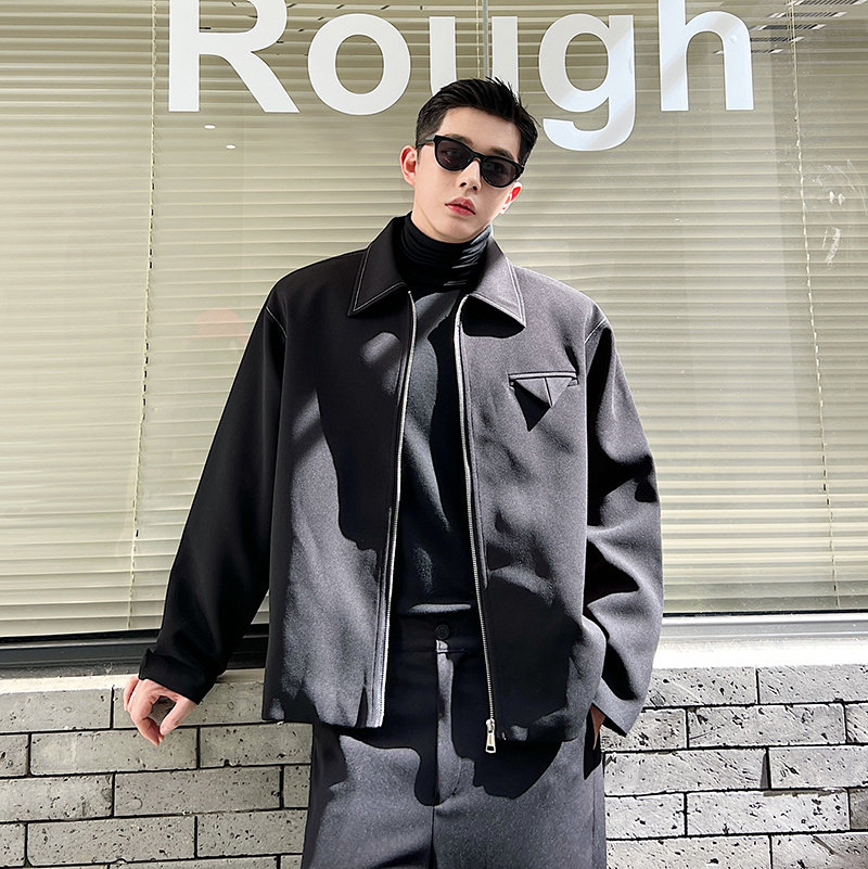 秋季明线设计倒三角口袋拉链外套男休闲轻奢垫肩上衣夹克短发型师