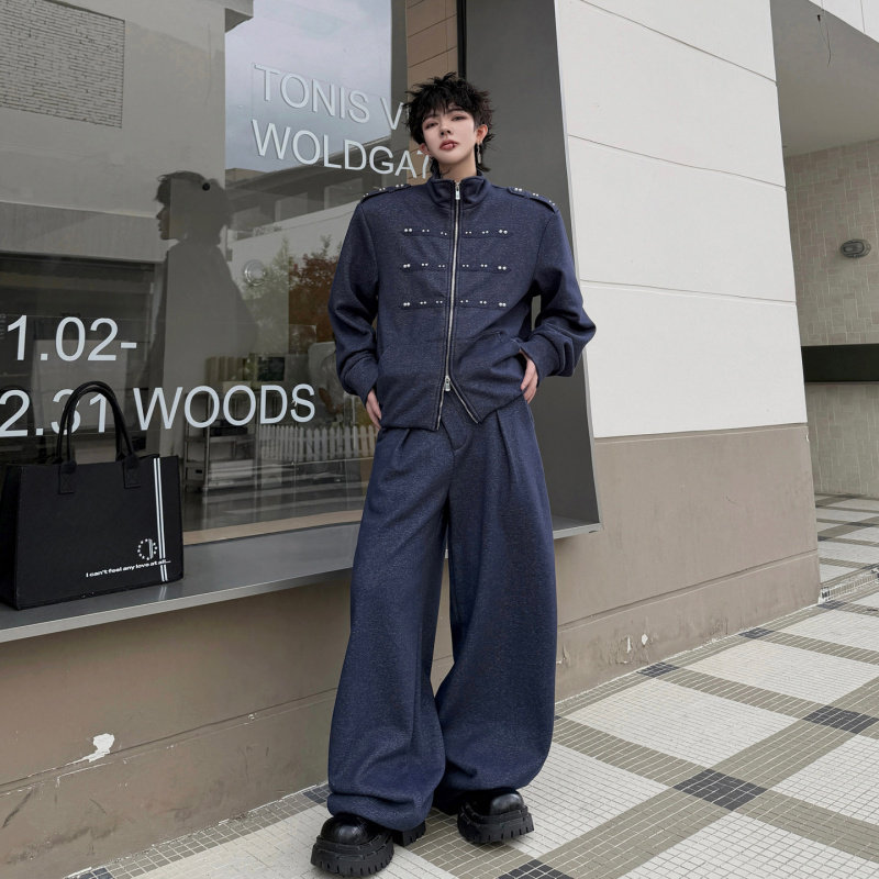 2026秋冬重磅潮牌立领钉珠设计感卫衣夹克套装男复古加厚阔腿长裤