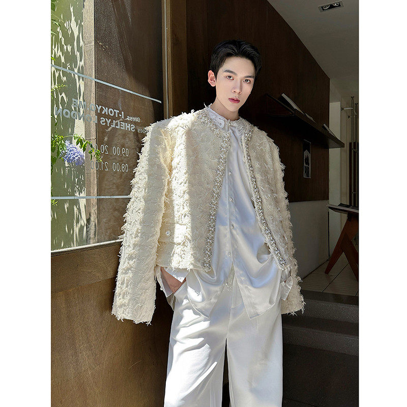 秋冬宫廷风贵气短款西装外套男小众珠花刺绣流苏设计感小香风西服