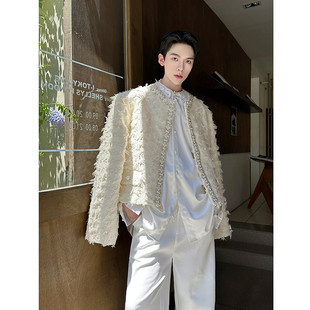 秋冬宫廷风贵气短款西装外套男小众珠花刺绣流苏设计感小香风西服