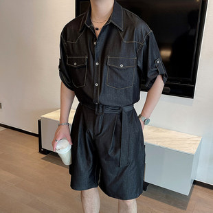 夏季垂感抗皱天丝牛仔短袖衬衫套装男工装高级感痞帅短裤两件套潮