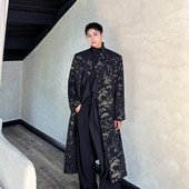 秋冬改良国风系带暗纹长款 风衣男外套烫金提花复古高级感痞帅大衣