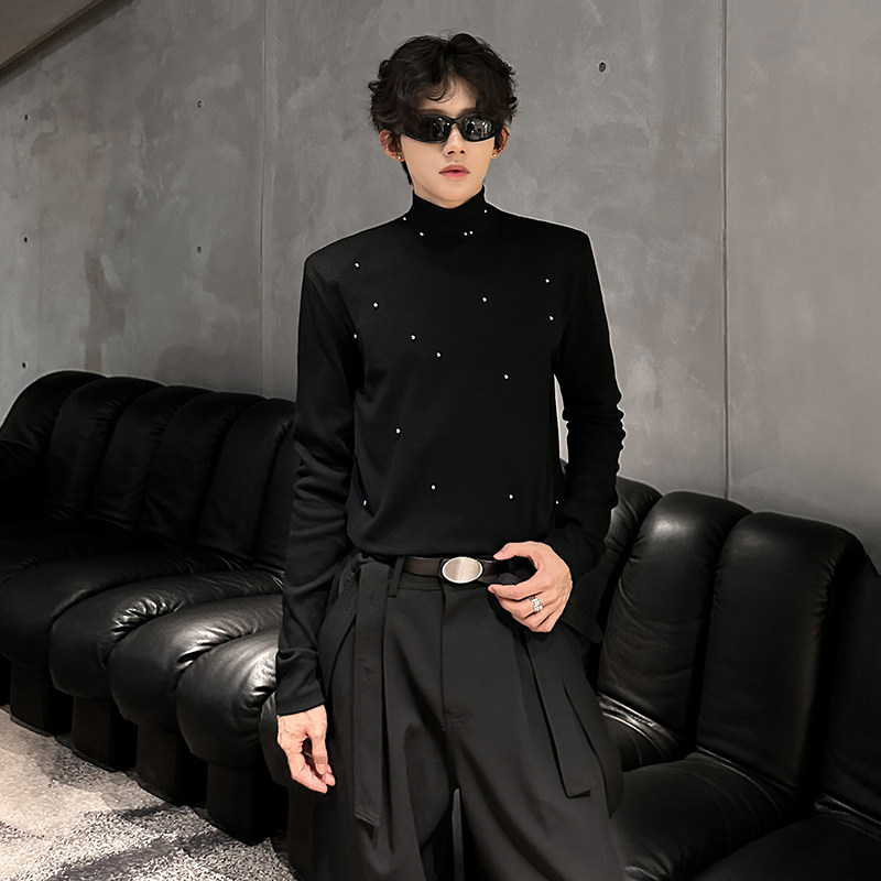秋冬高级感垫肩设计小众珍珠潮牌高领t恤男长袖痞帅打底衫上衣男
