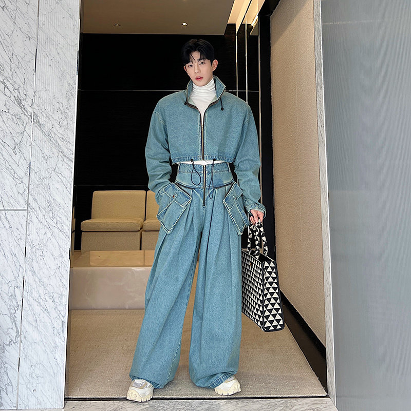 秋装设计师款水洗做旧复古廓形牛仔短款夹克男女套装宽松阔腿长裤