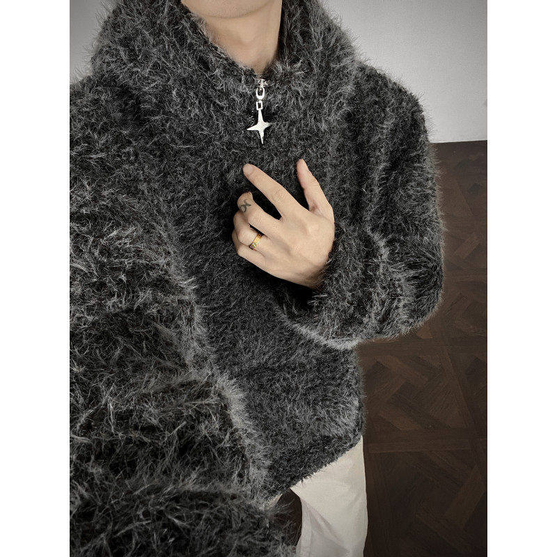 黑灰色高领连帽保暖毛衣男加厚海马毛慵懒风加绒针织衫卫衣秋冬款