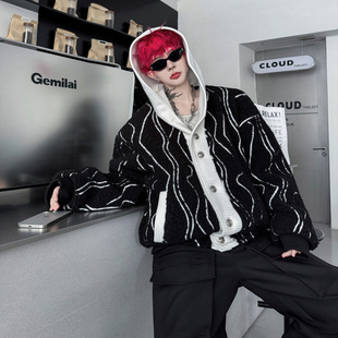 痞帅潮 羊羔绒开衫 2025冬装 条纹羊羔毛连帽宽松加厚棉衣外套男韩版