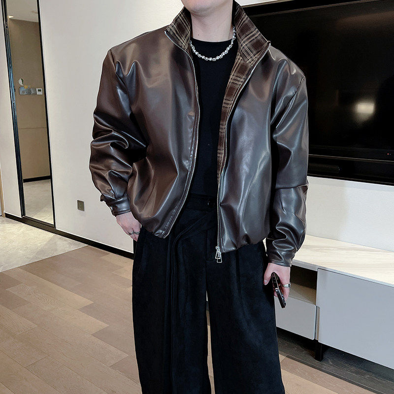 秋冬美拉德复古格子拼接夹棉皮夹克外套男高级感机车痞帅棉服皮衣