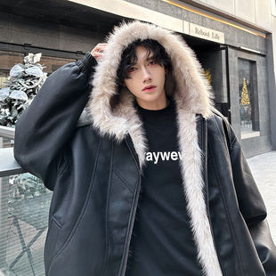 冬装皮毛一体连帽加绒加厚休闲帅气保暖棉衣外套防风PU高级感痞帅