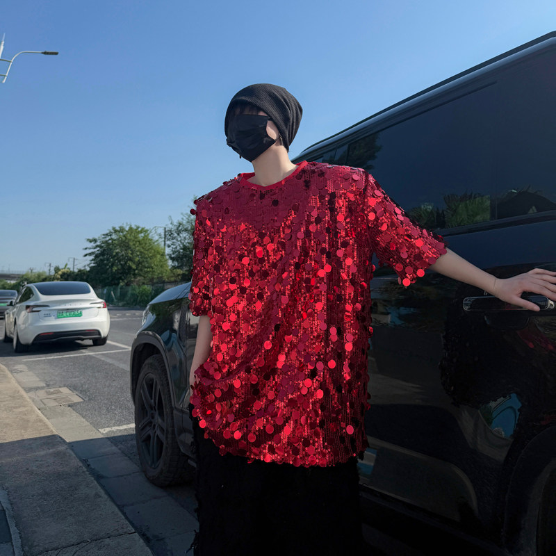 hiphop街舞穿搭红色亮片短袖T恤男嘻哈夜店风dj个性演出服上衣t恤