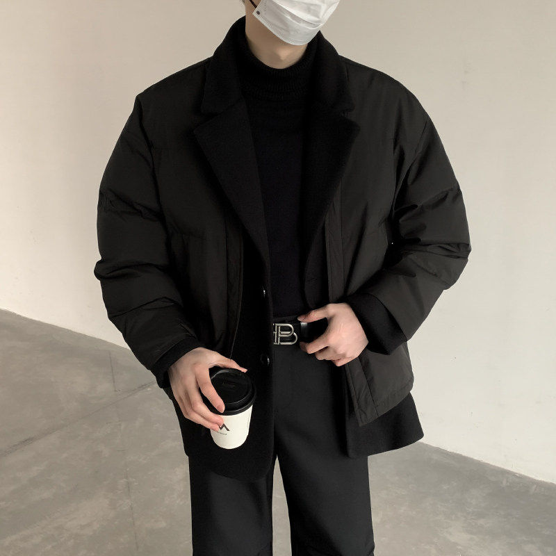 冬装潮酷毛呢西装领拼接棉衣男士老钱风假两件棉服外套轻熟风上衣