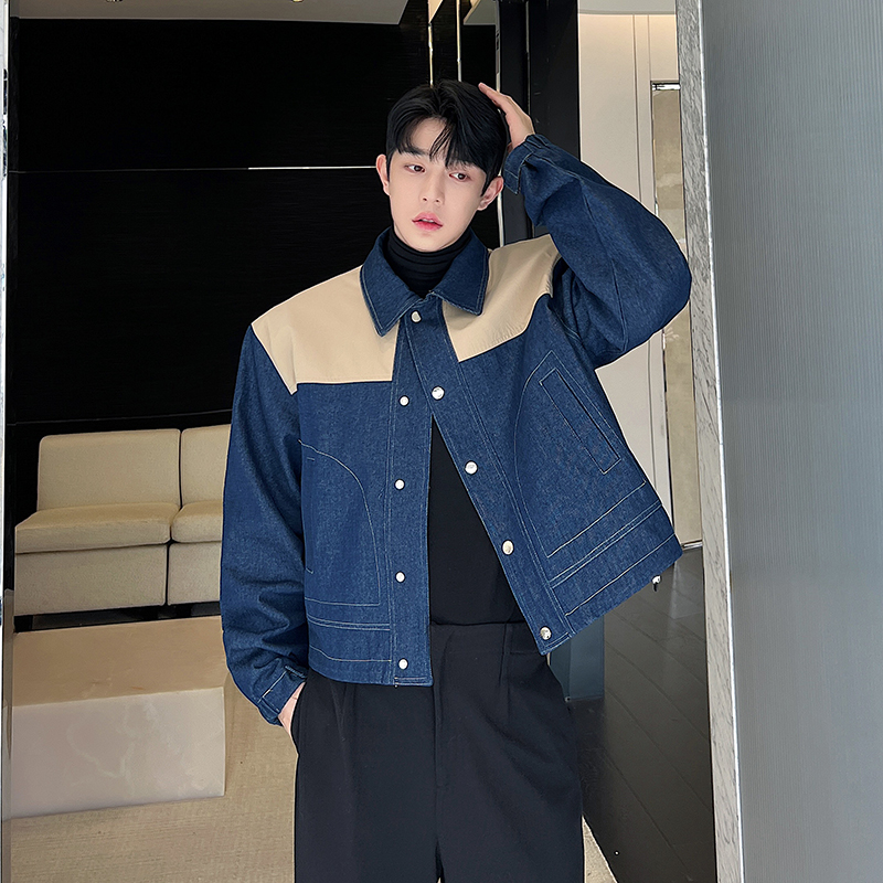 秋装复古工装牛仔拼接短款夹克男女韩版设计感高级单排扣上衣外套
