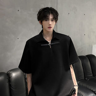 夏季高级感痞帅翻领Polo衫男磅垫肩皮带装饰短袖t恤上衣美式潮牌