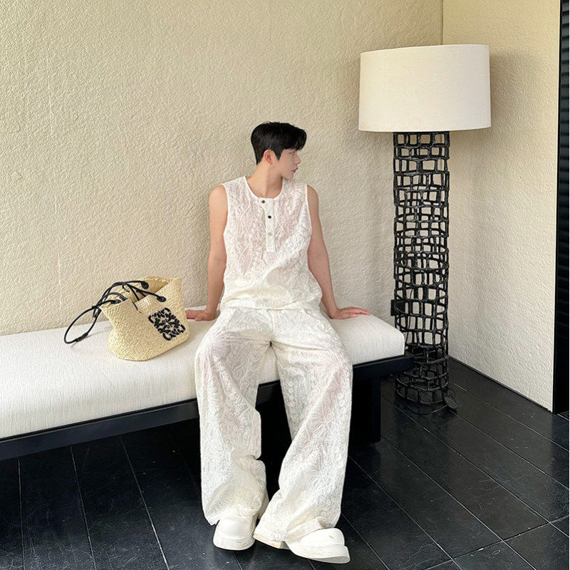 24SS 여름 코튼 자수 혼합 마이크로 투명 조끼 조끼 탑 세트 얇은 중공 와이드 레그 팬츠 투피스 세트