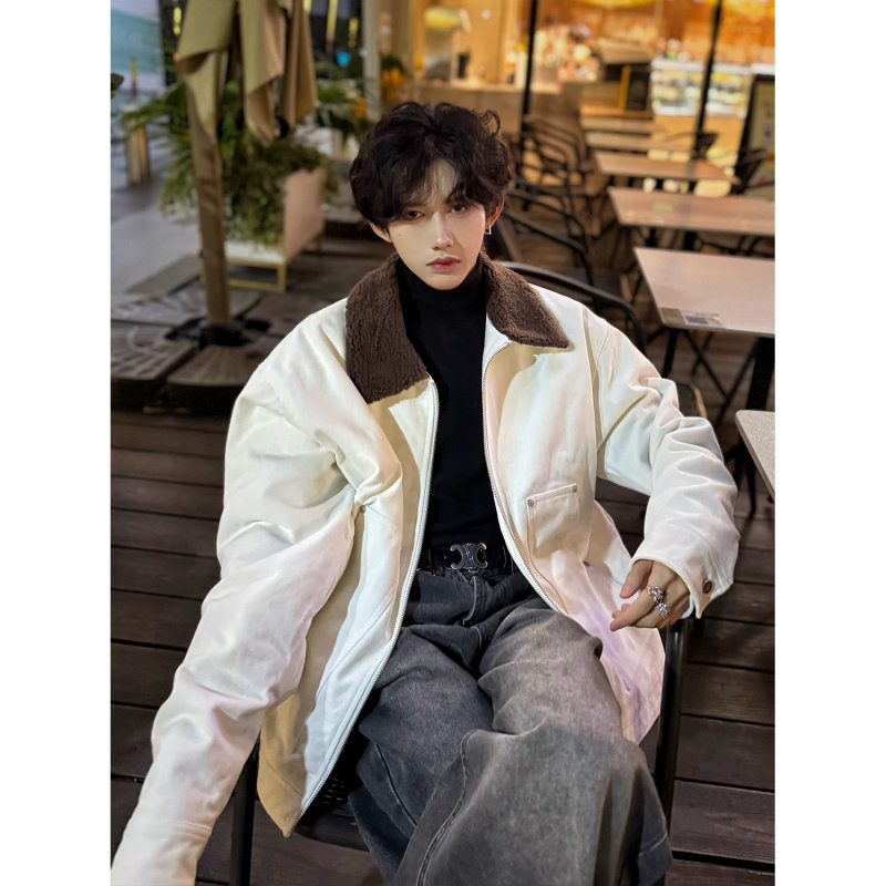 秋冬羊羔毛棉衣外套男休闲时尚白色拼接加厚夹克上衣高级感帅气潮