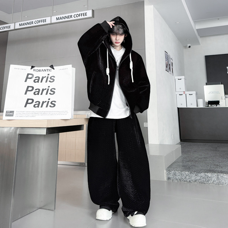 2025冬装肌理重磅宽松连帽卫衣套装男休闲美式运动阔腿长裤两件套