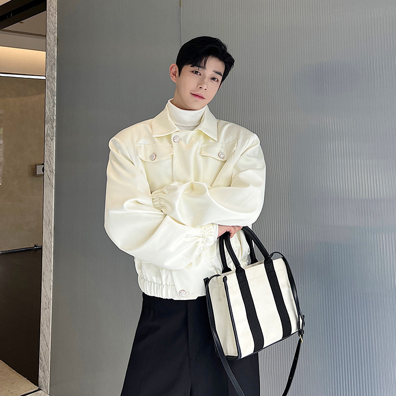 가을 하이 엔드 새틴 작은 향기 스타일 어깨 패드 재킷 남자의 많은 주머니 한국 스타일 기질 탑