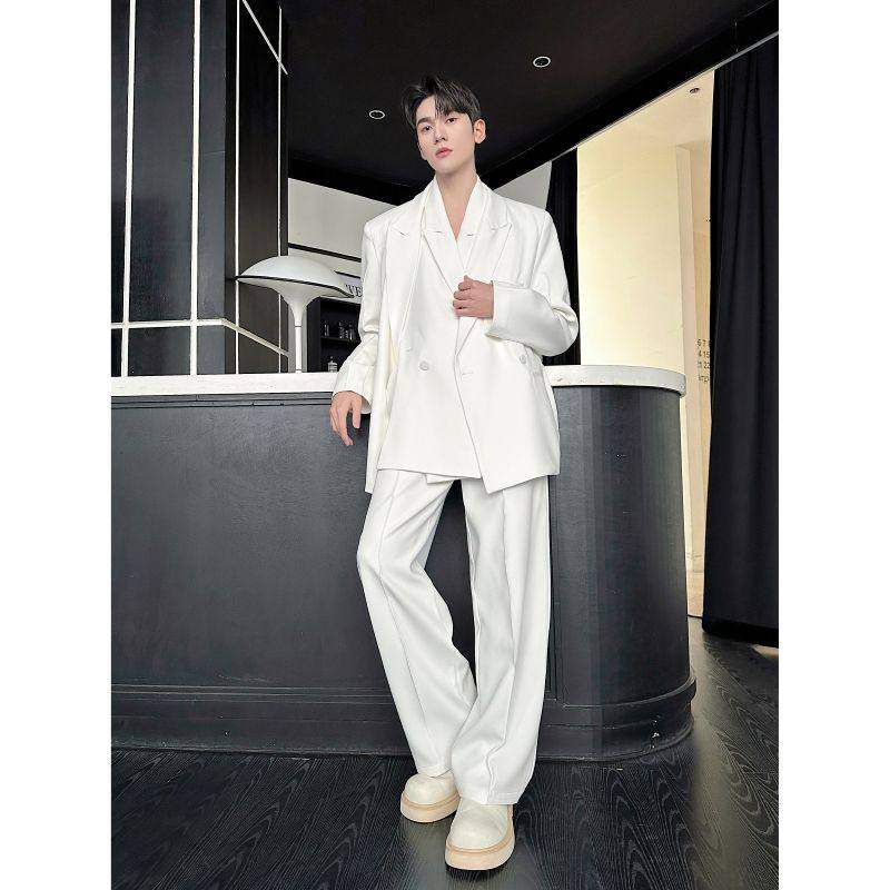 春季高级感个性双门襟垫肩休闲西服套装男设计感直筒西裤网红一套