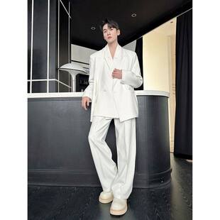 春季高级感个性双门襟垫肩休闲西服套装男设计感直筒西裤网红一套