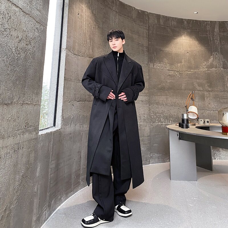 겨울 하이엔드 더블 레이어 스플라이싱 디자인 두꺼운 모직 코트 남성용 루즈하고 멋진 무릎 위 윈드 브레이커 재킷 유행