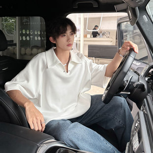 cleanfit白色POLO衫男生上衣休闲高级感重磅插肩袖小众短袖衬衣T