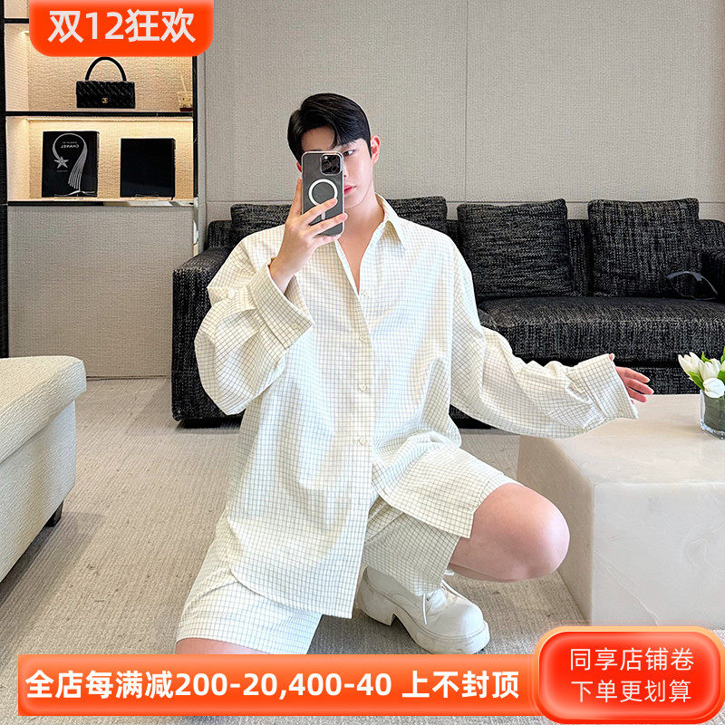 24SS 초가을 디자인 수직 컷 오버 사이즈 프로필 체크 무늬 셔츠 정장 남성 반바지 게으른 스타일 투피스 트렌디 세트
