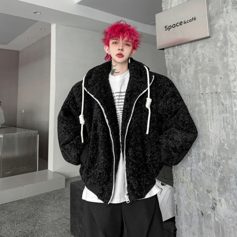 2025冬装新品纯色抽绳连帽羊羔绒宽松加厚棉衣外套男保暖羔毛棉服