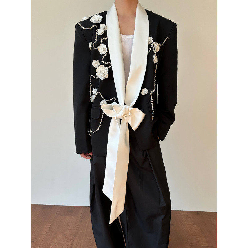 春装新中式撞色拼接白色花朵钻石西装外套男气质设计感舞台走秀款