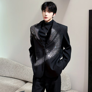 黑色cleanfit高级感感烫钻西装外套男模穿搭夜场dj轻奢痞帅西服潮