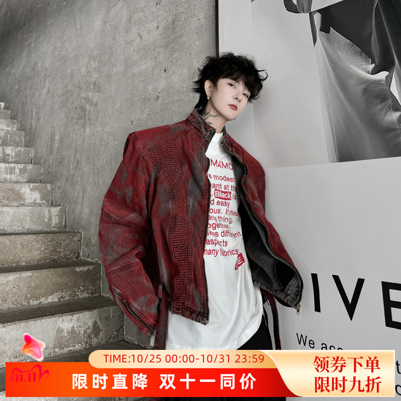 2025秋装美式高街头潮牌皱褶喷漆设计拉链夹克男高级感嘻哈外套潮