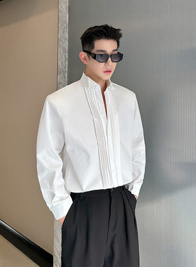 法式礼服翼领打底衬衣男士高级感商务宴会白衬衫韩版皱褶设计上衣