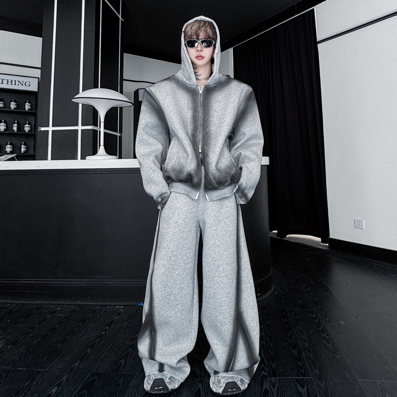 秋季复古小众喷绘涂鸦连帽卫衣套装男廓形美式高街阔腿长裤两件套