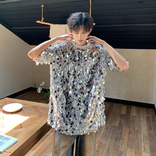 演出歌手ins大亮片炸街舞台短袖T恤男女亮闪闪反光时尚表演系列潮