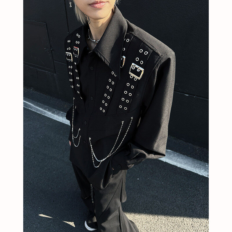 高级感重工金属解构多链条装饰垫肩衬衫男演出舞台设计感痞帅衬衣