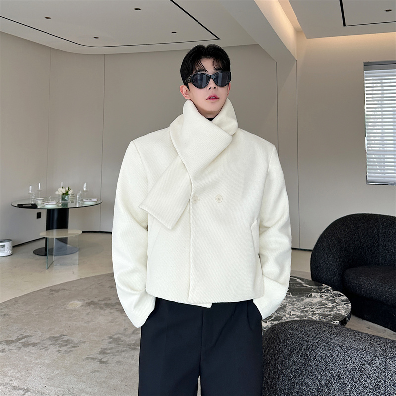秋冬款韩版围脖设计感呢子短款大衣男重磅高级感围巾领羊毛呢外套