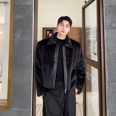 环保皮草男加棉痞帅短款皮毛一体