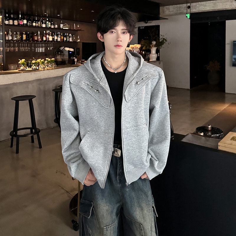 秋装美式重磅垫肩小众解构宽松连帽卫衣男开衫短款cleanfit外套潮